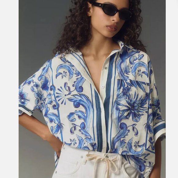 FARM Rio Blue and White Floral Button-Up Shirt - Picture 4 of 10